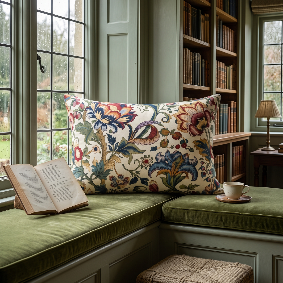 Wordsworth Lumbar Pillow in a rainy English country house library window seat