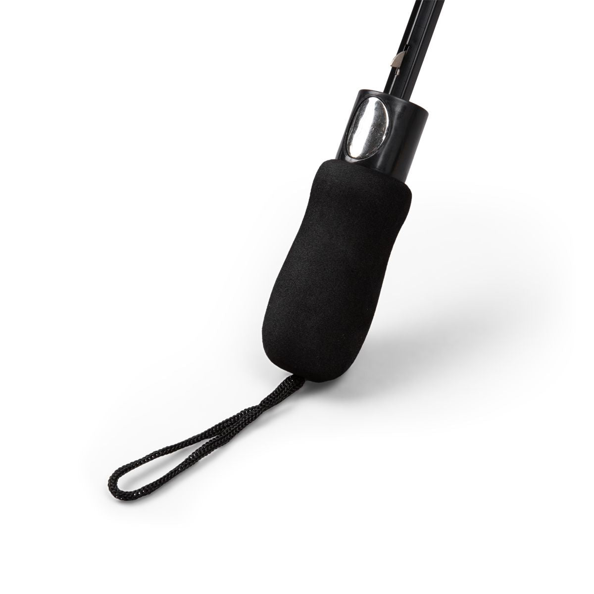 Comfortable black rubber handle and wrist strap of the foldable travel umbrella