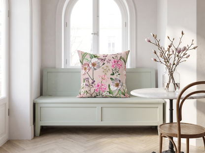 Springtime Bloom Bliss square throw pillow in a bright breakfast nook