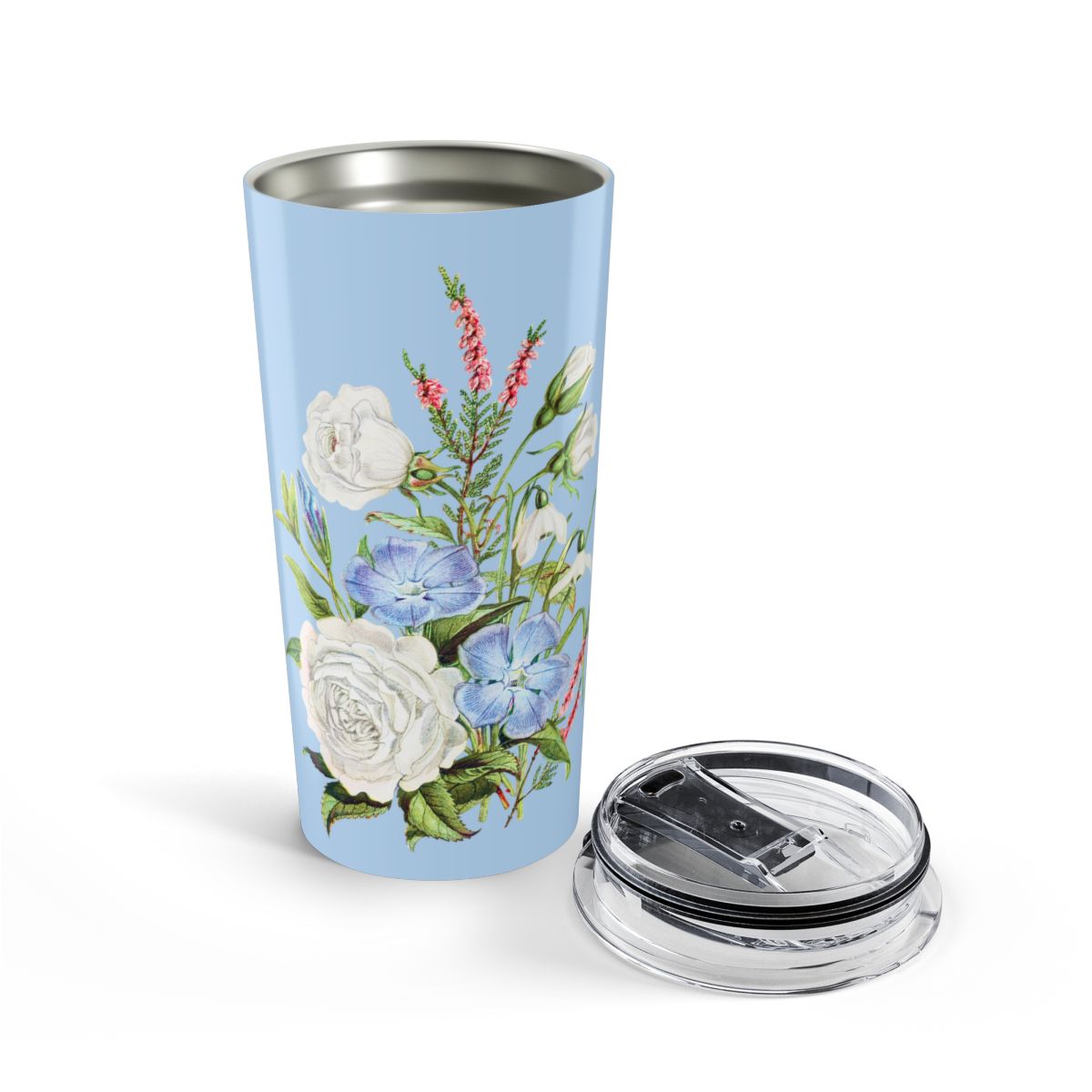 Vintage White & Blue Blossoms Insulated Tumbler - 20 oz. Stainless Steel, Glossy Finish