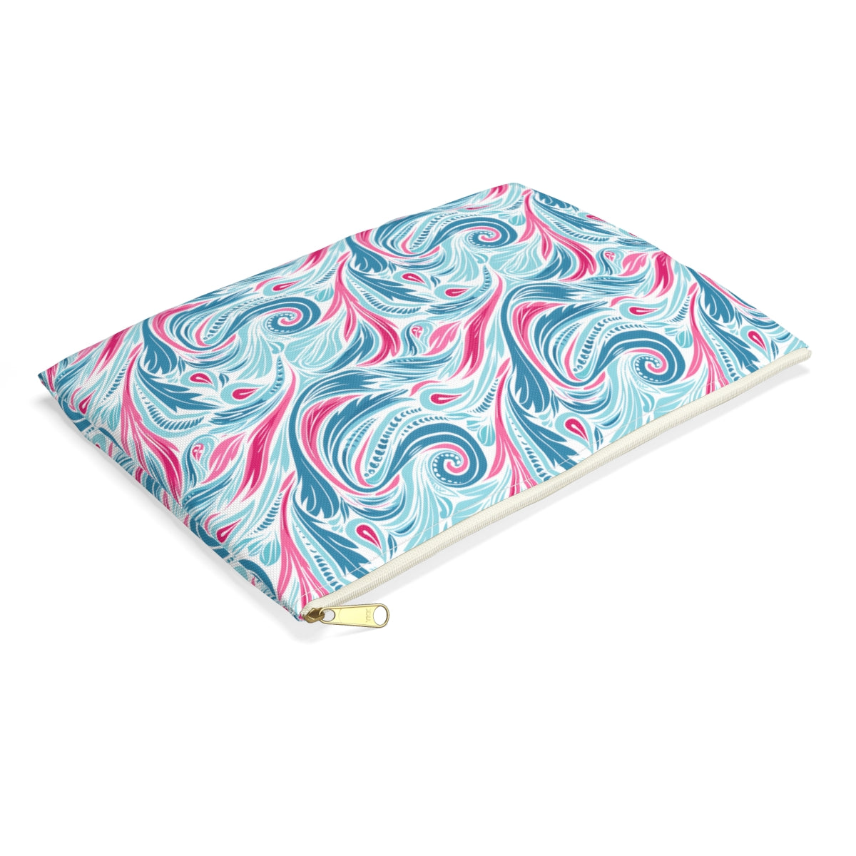 Teal Tide Twirl Accessory Pouch - side view, laying flat
