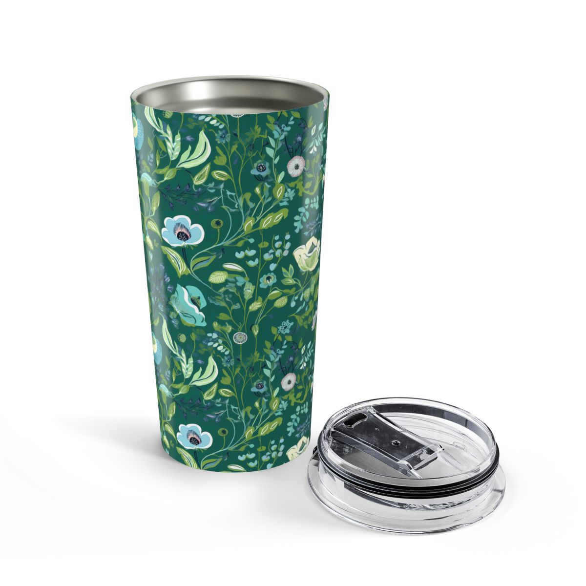 Serene Green Floral tumbler opened, lid beside