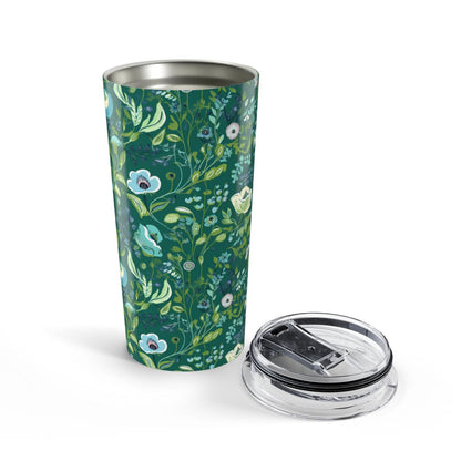 Serene Green Floral tumbler opened, lid beside
