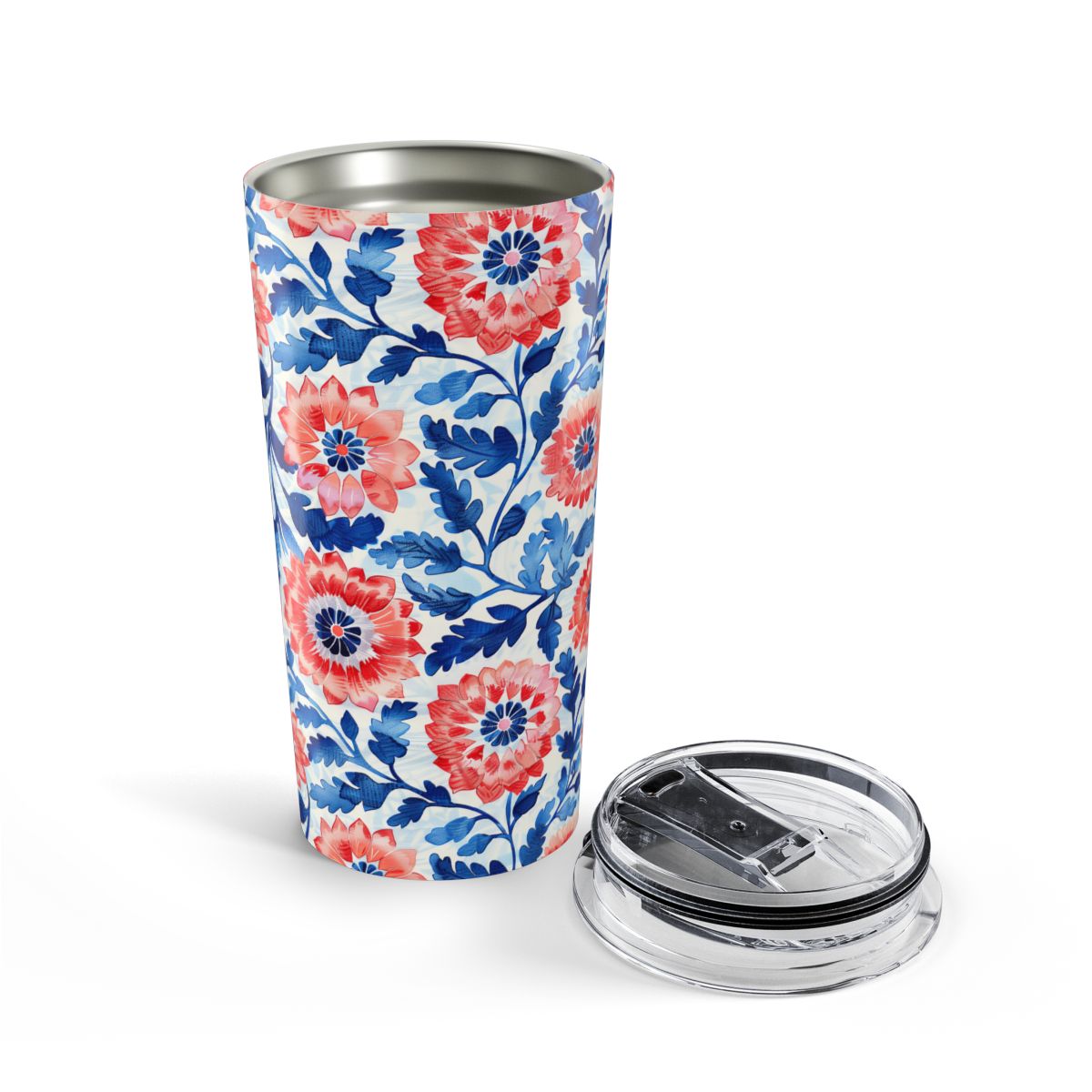 Whimsical Batik Blossoms insulated tumbler opened view