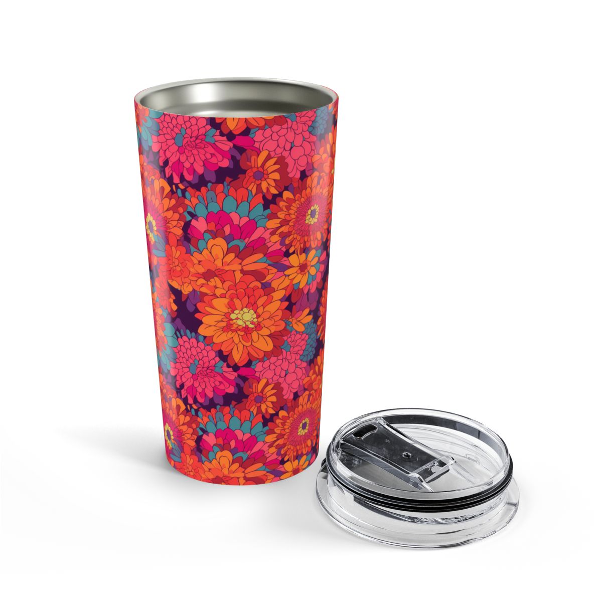 On Fire Flower Power tumbler opened, lid beside