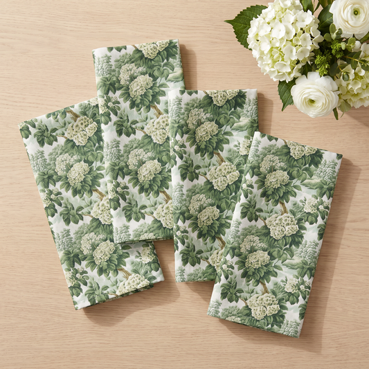 Vintage Green Hydrangea dinner napkins, set of four, elongated fold on pale oak wood