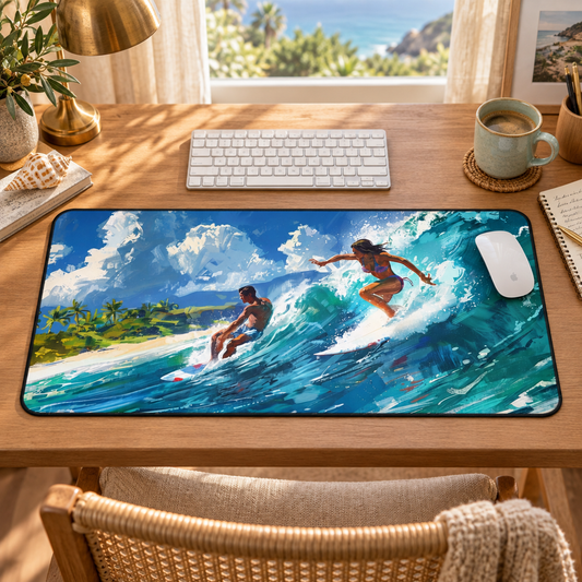 Wave Rider 32 by 16 inch desk mat with surfers and turquoise waves on an oak desk with a white Apple mouse
