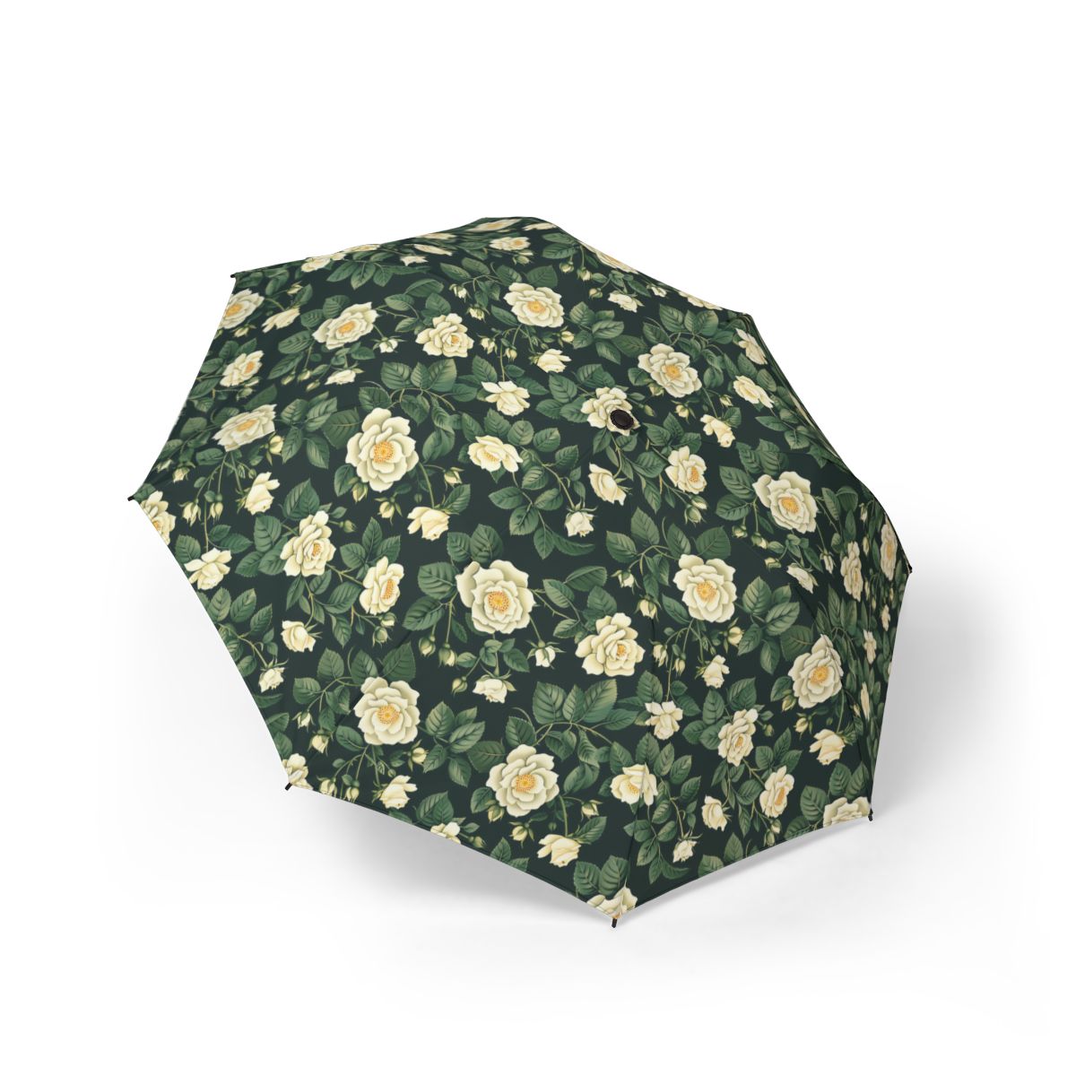 White Roses on Black foldable umbrella — front view