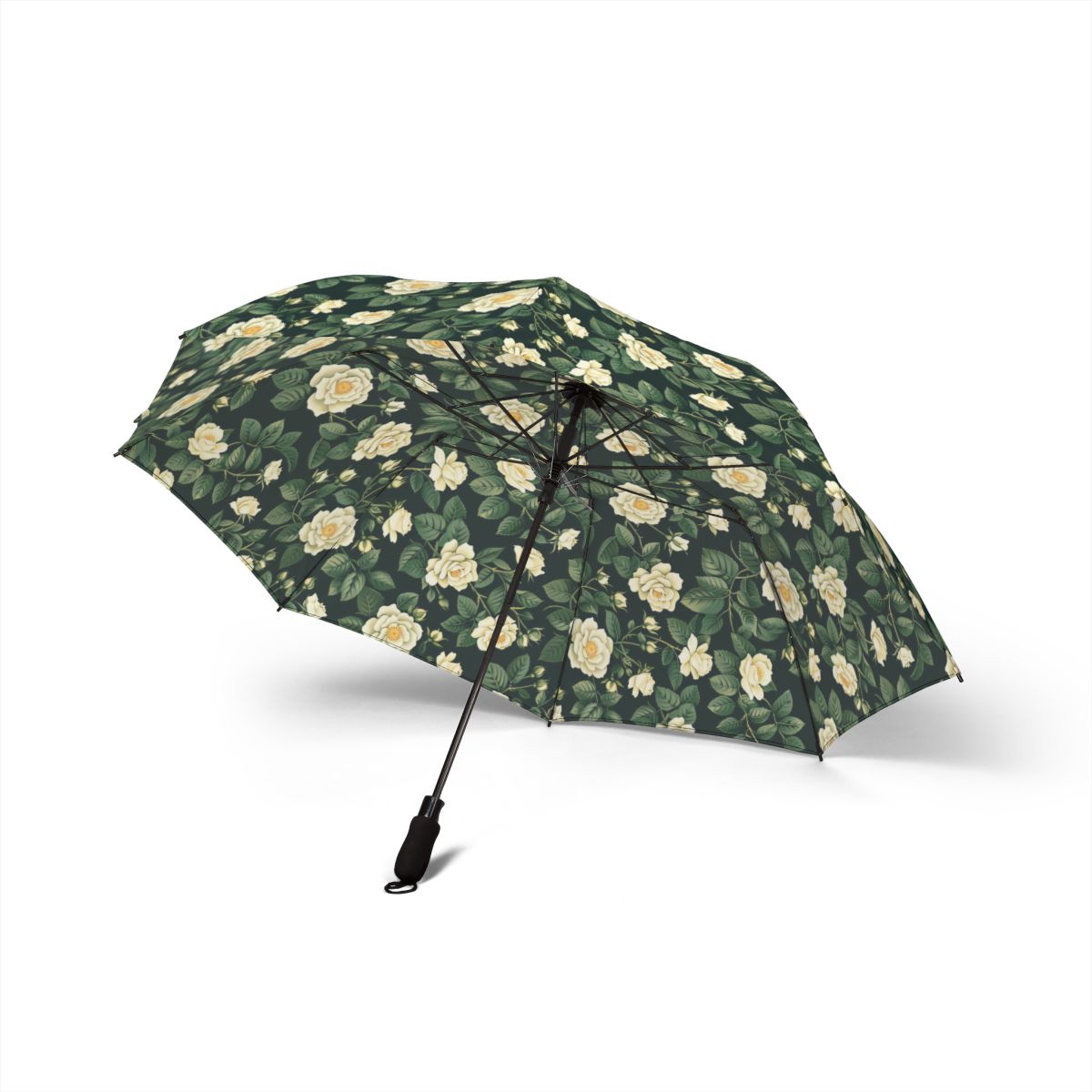 White Roses on Black foldable umbrella, open — side view