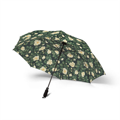 White Roses on Black foldable umbrella, open — side view