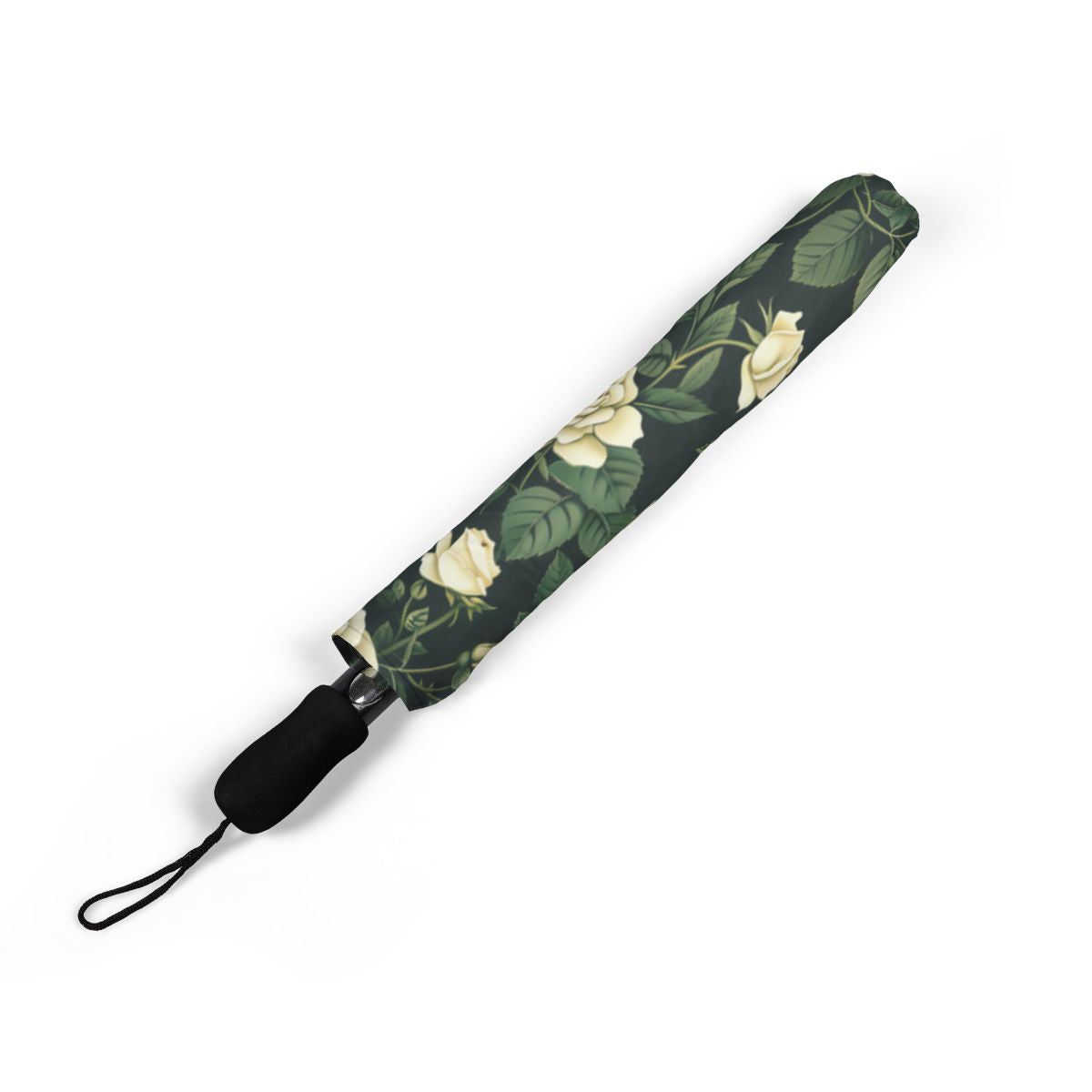 White Roses on Black umbrella folded closed, showing the printed canopy and wrist strap